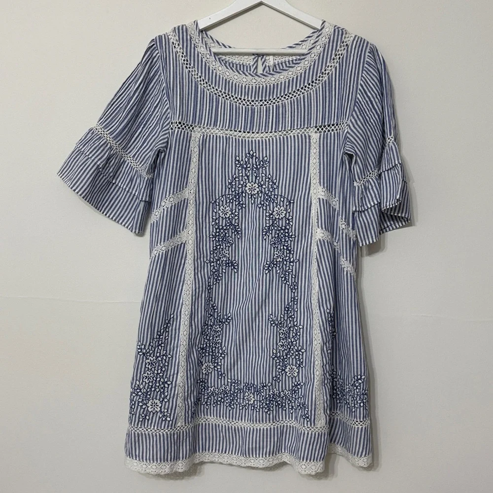 Free People Sunny‎ Days Trapeze Dress Blue White